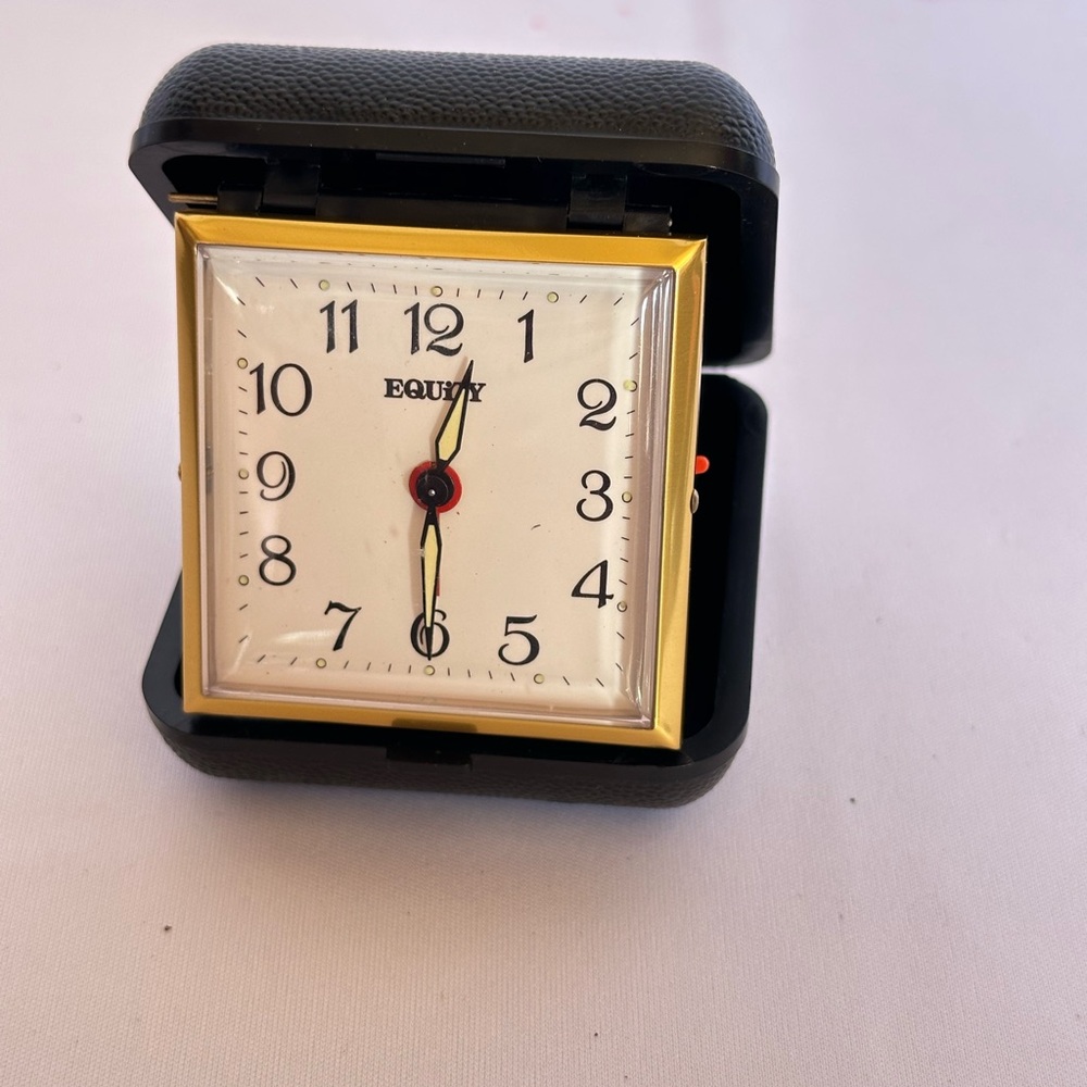 #2883 Vintage Equity Folding Wind Up Travel Alarm Clock  Black Case